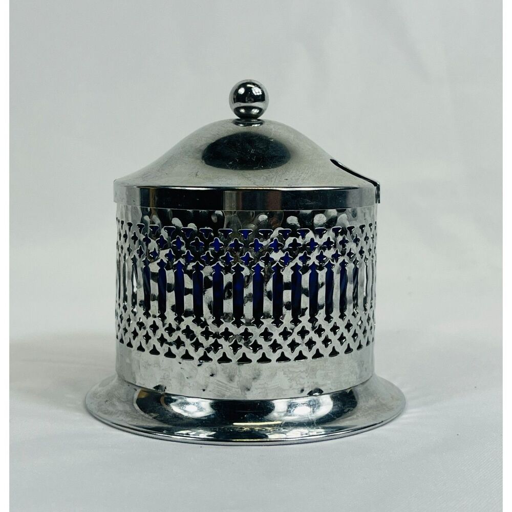England Chrome Covered Condiment/Sugar Bowl w/Lid Cobalt Blue Glass Insert Jam